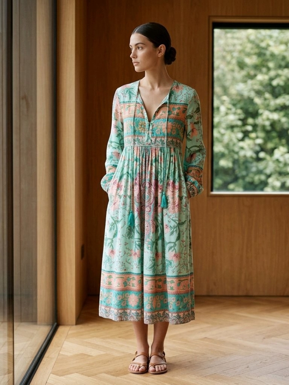 Mint Floral V-Neck Midi Dress with Tassel Detail